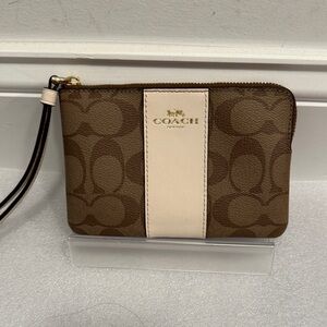 Coach Signature logo corner zip wristlet wallet with white stripe